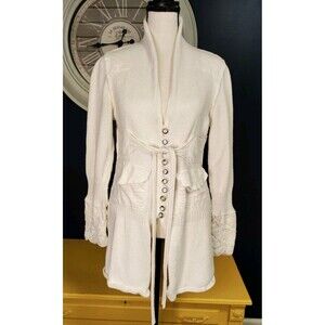 Pure Handknit Cardigan Women's S/M White Button Tie Pockets Long Chunky Cottage